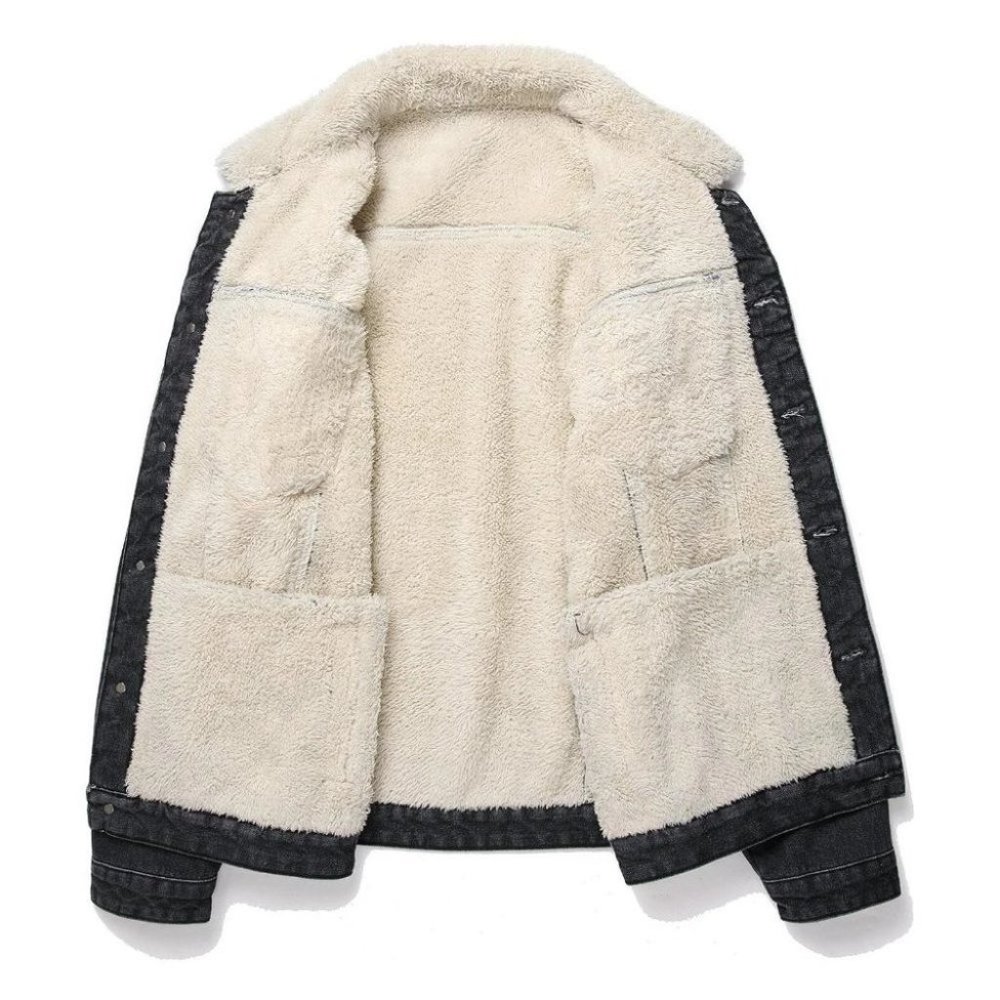 Grey And White Teddy Mens Denim Jacket - Picture 3 of 5